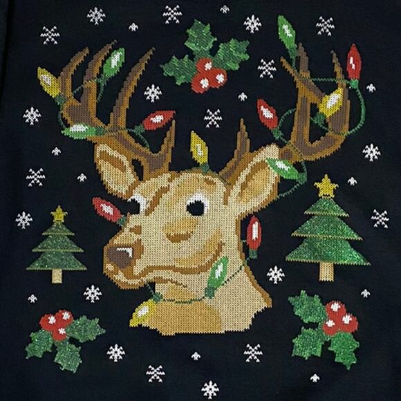Jerzees NuBlend Ugly Christmas Sweater Reindeer Faux Cross Stitch Sweatshirt Med - Picture 4 of 4